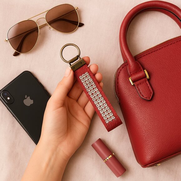 Handmade  Burgundy Red Rhinestone Webbing Key Fob Wristlet Keychain - Picture 1 of 4